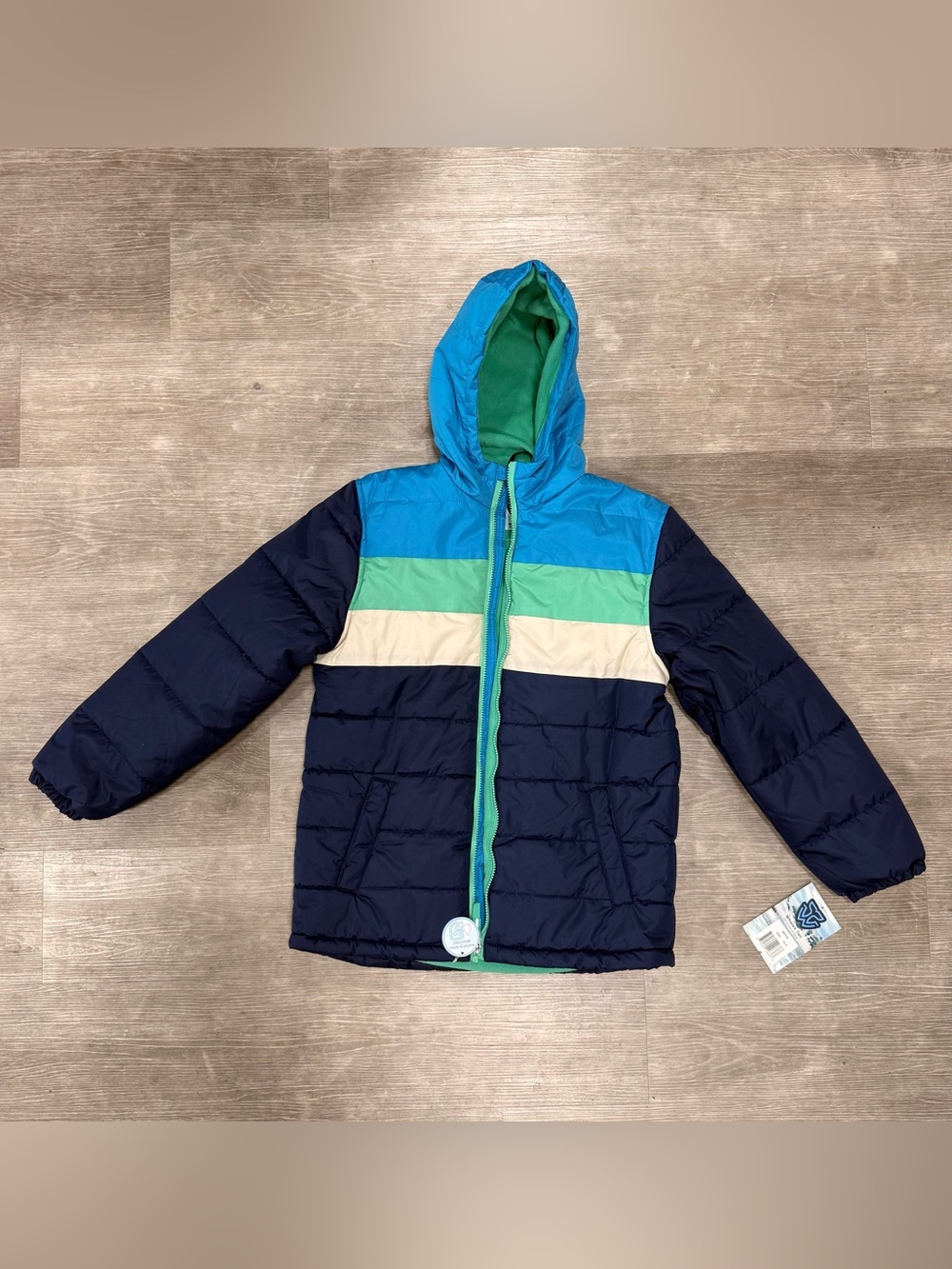 Kids Hooded Colorblock Puffer Jacket - Navy, Blue & Green